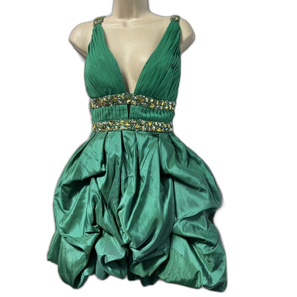 Cinderella Formal Dress Emerald Green Bubble V-Neck Empire Waist 8 NWT